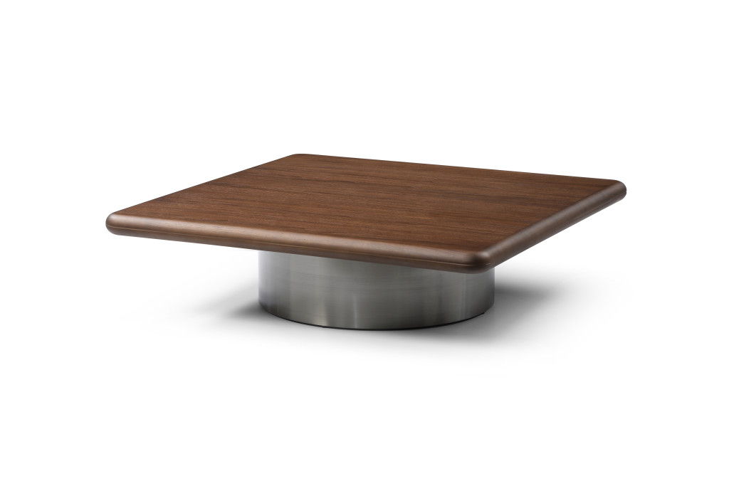 HomeRoots brown and silver wood and stainless steel square pedestal coffee table with a modern design.