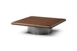 HomeRoots brown and silver wood and stainless steel square pedestal coffee table with a modern design.