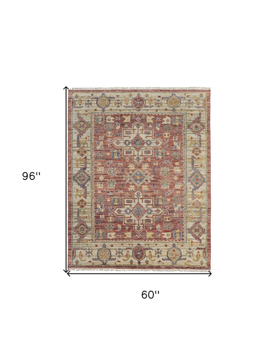 5' x 8' Wool Oriental Hand Knotted Area Rug With Fringe - Ivory Red And Gold
