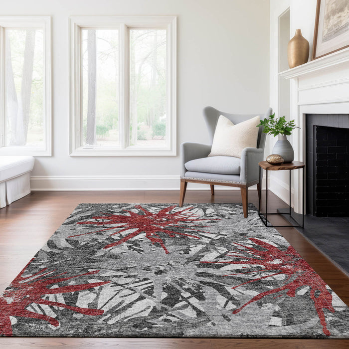 10' X 14' Abstract Washable Area Rug With UV Protection - Red