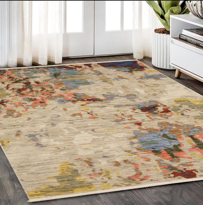 5' X 8' Abstract Area Rug With Fringe - Beige And Light Blue