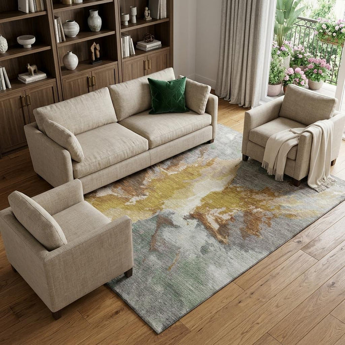 10' X 14' Abstract Washable Area Rug With UV Protection (695450) - Gold / Ivory / Gray