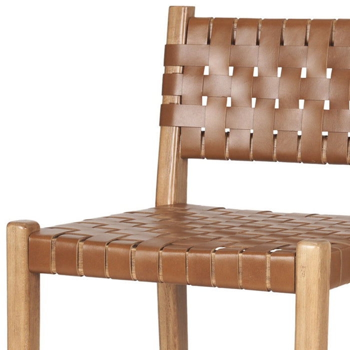 Brown leather and wood counter height bar chair with low back, perfect for modern kitchen or bar area.