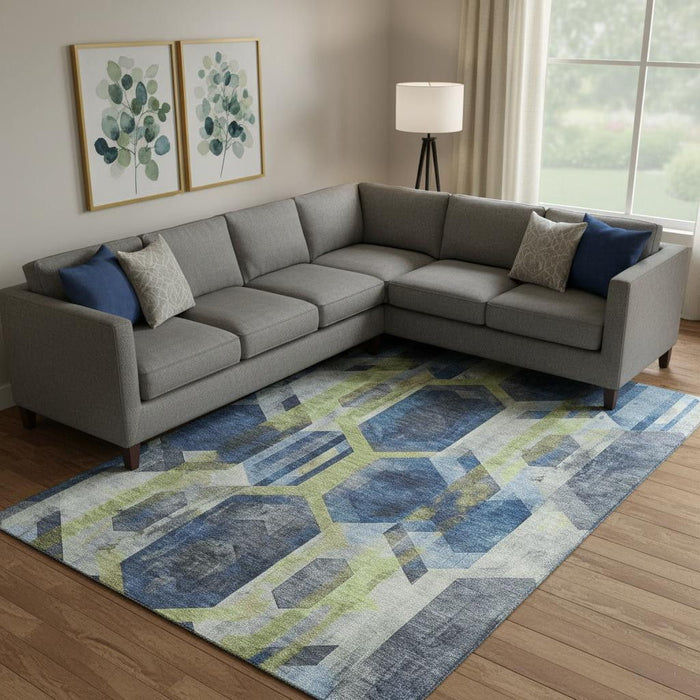 10' X 14' Geometric Washable Area Rug With UV Protection (699118) - Navy Blue / Green / Gray