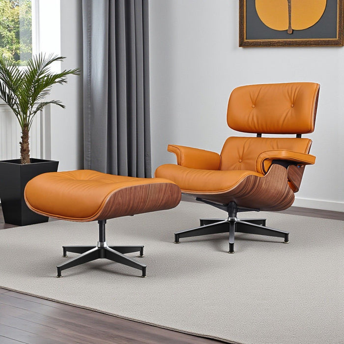 Light orange 28-inch modern tufted genuine leather lounge chair with matching ottoman by HomeRoots, showcasing a stylish stationary seating set.