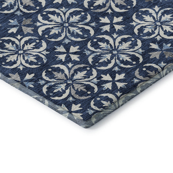 10' X 14' Floral Washable Area Rug With UV Protection (673957) - Navy Blue / Ivory