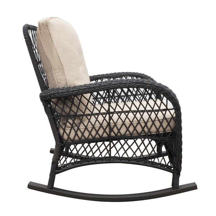 Giga garden rocking chair with all-weather resin wicker, powder-coated metal frame, brown and beige outdoor patio lounge furniture.