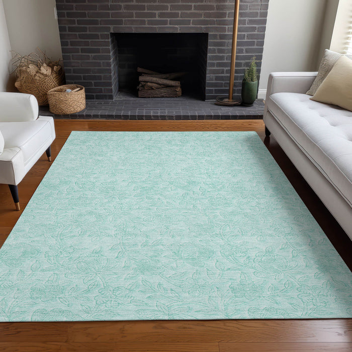 10' X 14' Floral Washable Area Rug Polyester With UV Protection - Teal And Ivory