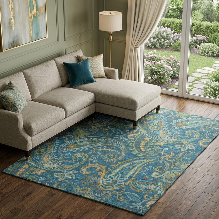 8' X 10' Paisley Distressed Washable Area Rug With UV Protection (647984) - Navy Blue / Green / Gold