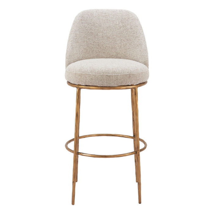 Beige fabric and gold steel bar height swivel chair with a modern design, 28-30 inches tall, ideal for home or bar seating.