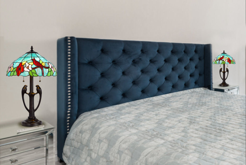 Two Light Tiffany Table Lamp With Aqua And Red Floral Shade - Bronze