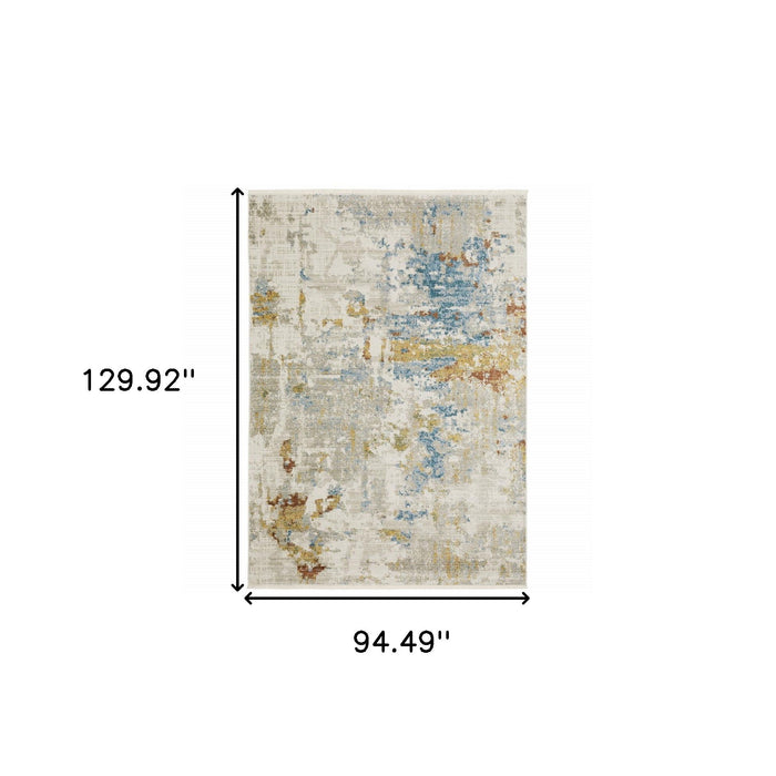 8' x 11' Abstract Power Loom Stain Resistant Area Rug With Fringe - Beige Gray Gold Blue Rust And Teal