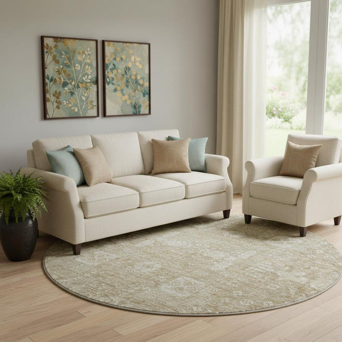 8' Floral Washable Round Rug With UV Protection (653353) - Beige / Ivory