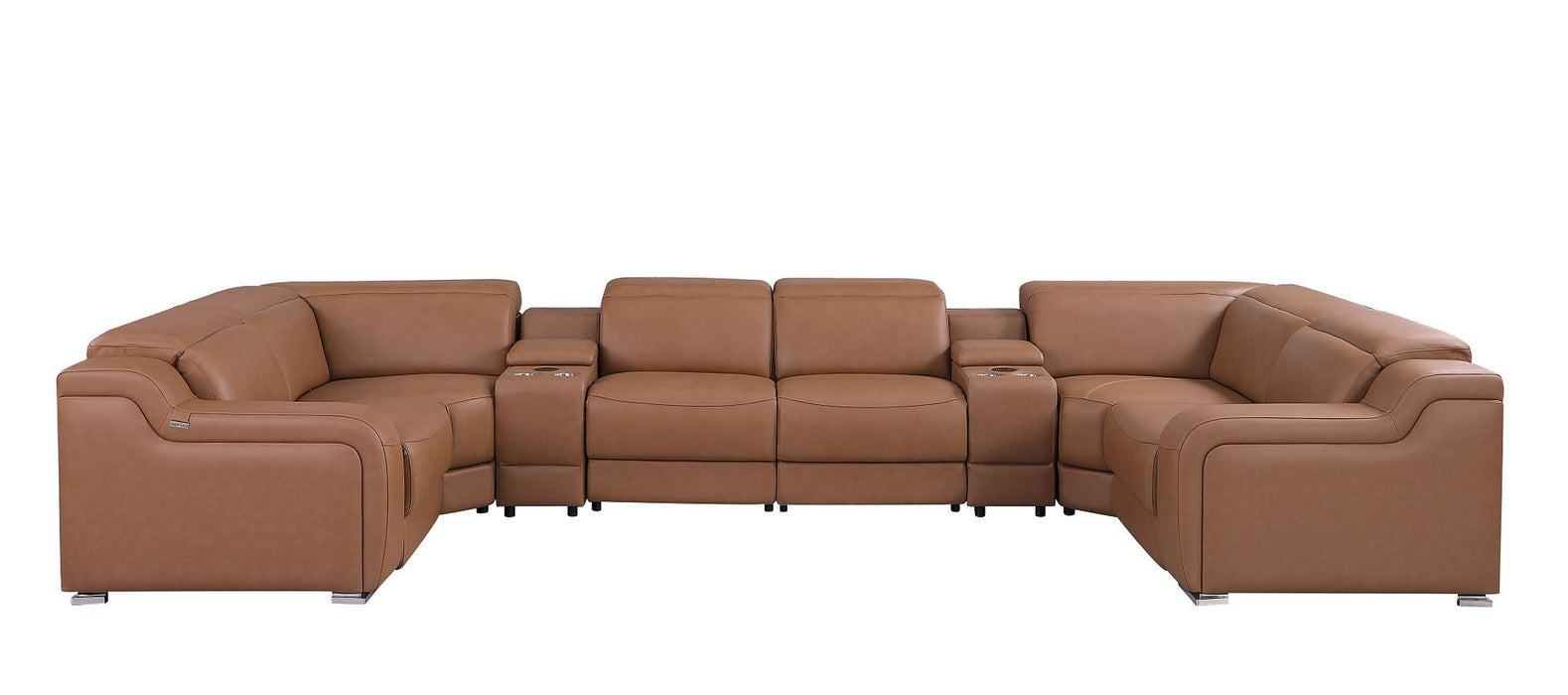Italian Leather Power Reclining U-Shaped Eight Piece Corner Sectional With Console - Chestnut