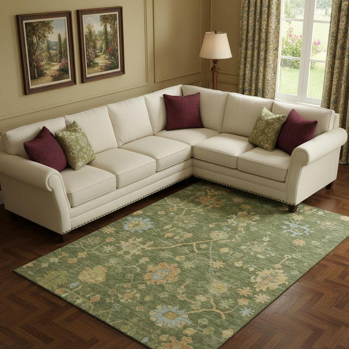 10' X 14' Floral Washable Area Rug With UV Protection (708415) - Fern Green / Gold / Blue