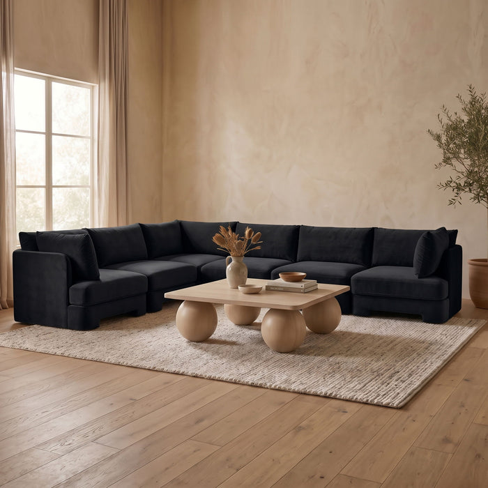 Meridian Furniture Hammond velvet upholstered 7-piece U-shaped armless sectional sofa with plush cushions and modern design.