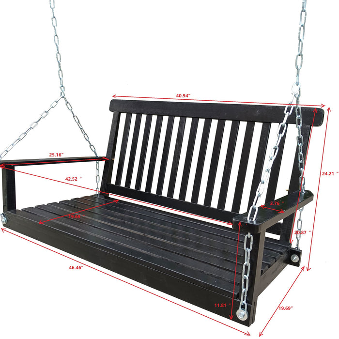 Giga outdoor patio swing with armrests, wooden frame, cushioned seat, ideal for garden yard, backyard, or sunroom relaxation.