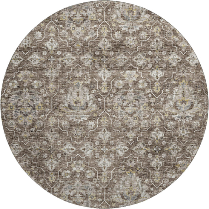 8' Floral Medallion Distressed Washable Round Rug With UV Protection (644559) - Taupe / Ivory / Gold