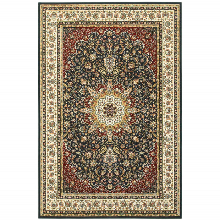 9.8' x 12.8' Oriental Power Loom Stain Resistant Area Rug - Navy And Ivory