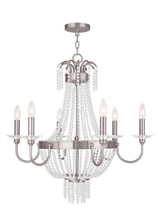 HomeRoots 28-inch six-light metal chandelier with clear shades and dimmable feature in nickel finish, modern lighting fixture.