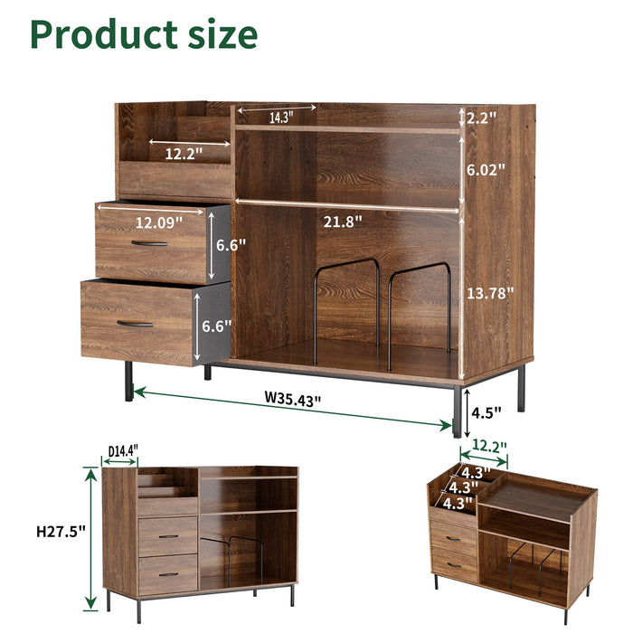 Giga eco-friendly vinyl record player stand with flip-top storage, dustproof drawers, dual outlets, and modern sideboard design.