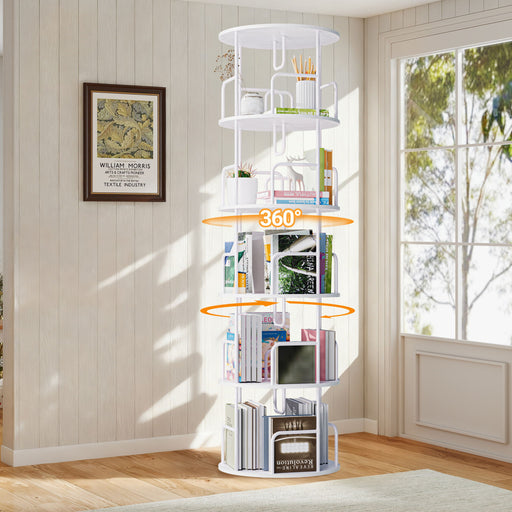 Giga 5-tier rotating bookshelf tower with spinning 360-degree revolving shelves for organized storage and display.