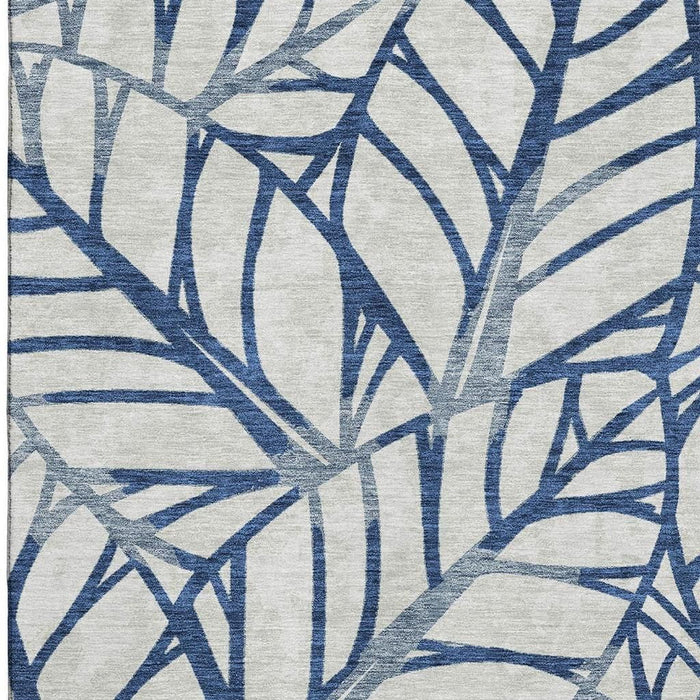 9' X 12' Floral Washable Area Rug With UV Protection - Navy Blue And Beige