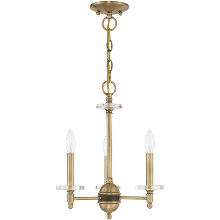 Three Light Metal Dimmable Chandelier With Shades - Antiqued Brass / Clear