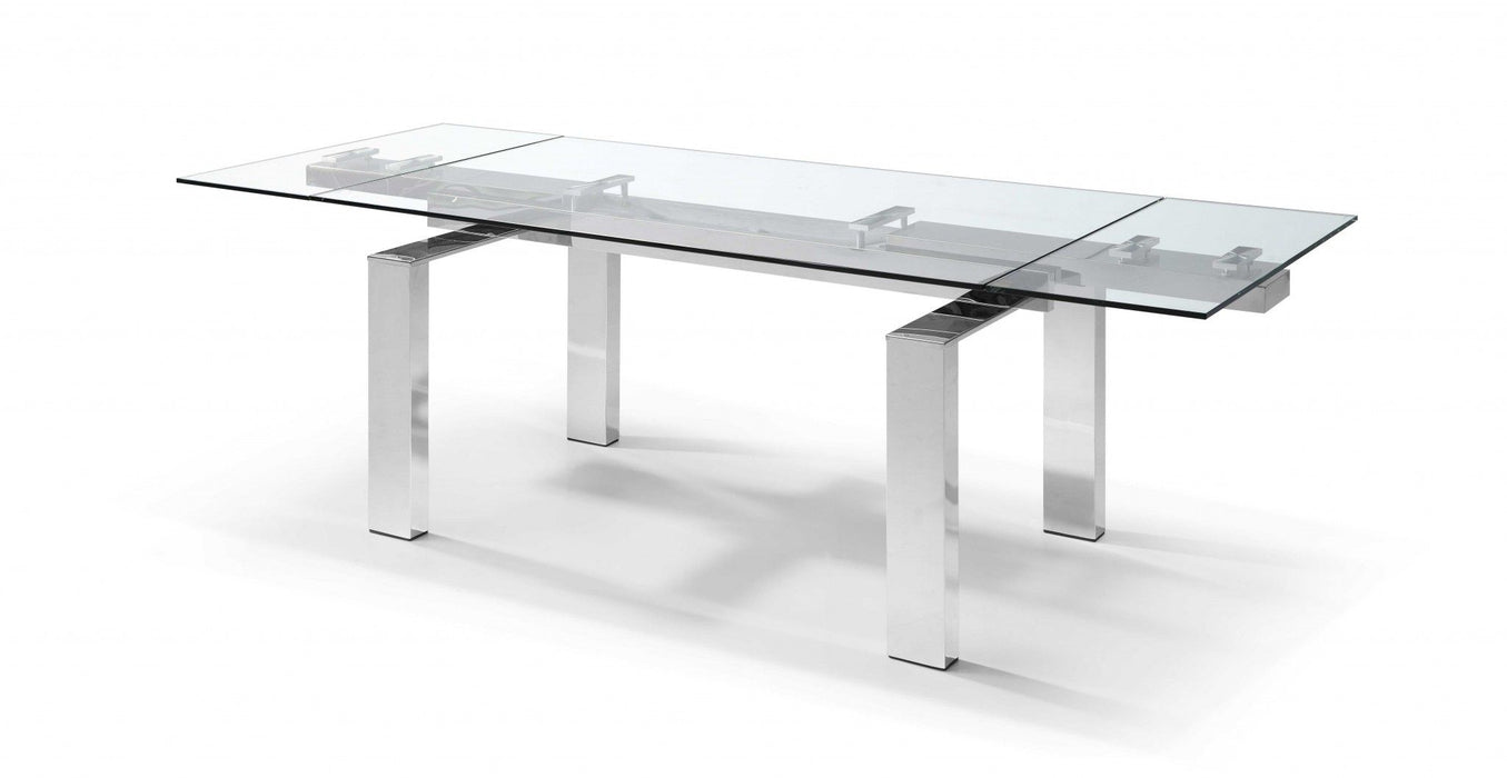63" Glass And Stainless Steel Self-Storing Leaf Dining Table - Clear