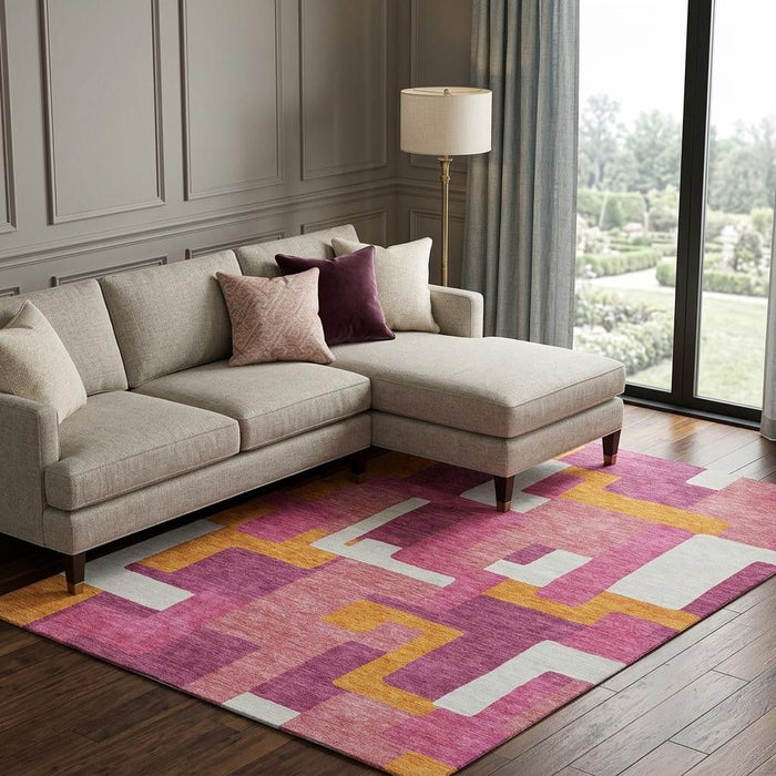 10' X 14' Geometric Washable Area Rug With UV Protection (675726) - Pink / Ivory / Orange