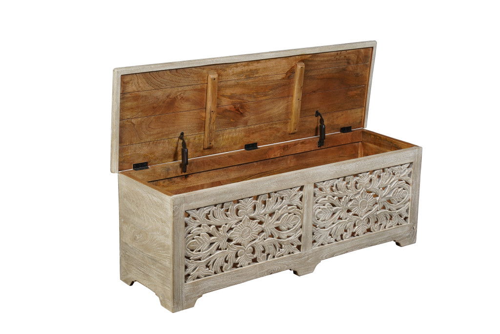 52" Distressed Solid Wood Carved Floral Storage Ottoman - Gray