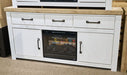 White and brown XL TV stand with fireplace option from Signature Design by Ashley, featuring storage shelves and modern design.