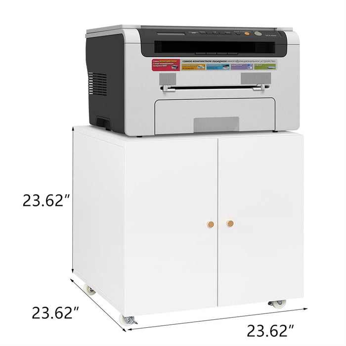 Giga office copier cabinet with two steel doors, mobile printer stand and pedestal file storage for office organization.