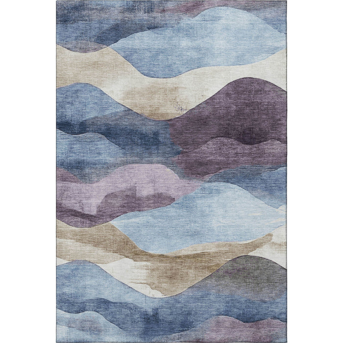 10' X 14' Abstract Washable Area Rug With UV Protection (709618) - Denim Blue / Beige / Eggplant
