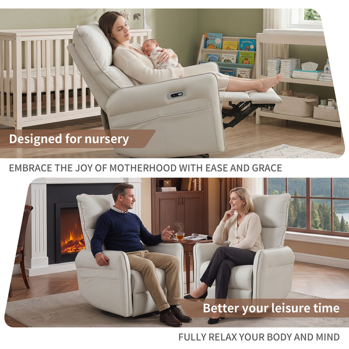 Giga 29.92-inch power swivel rocker recliner chair with USB ports, upholstered fabric, and plush padding for living room or nursery.