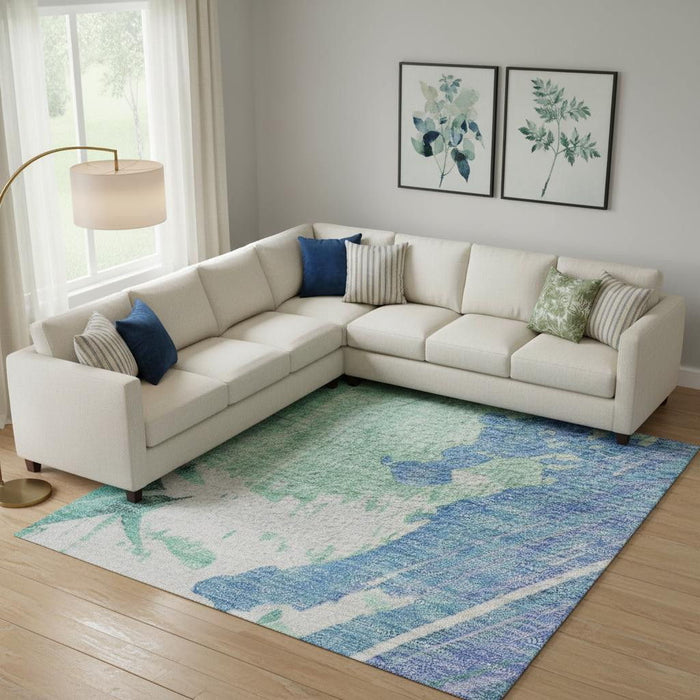 10' X 14' Abstract Washable Area Rug With UV Protection (705515) - Pale Aqua / Blue / Ivory