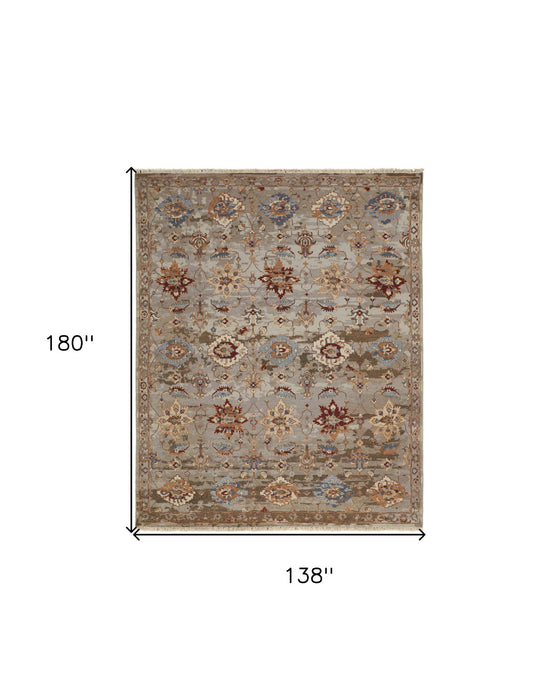12' x 15' Wool Floral Hand Knotted Area Rug With Fringe - Tan Brown And Gray
