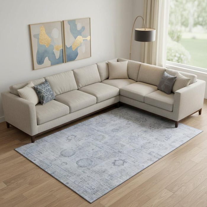 10' X 14' Oriental Washable Area Rug With UV Protection (700787) - Sky Blue / Gray