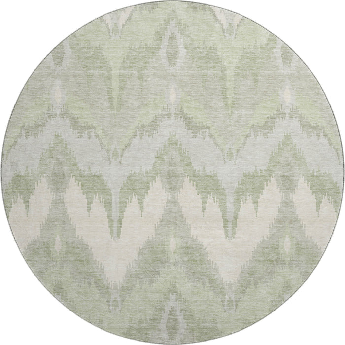 8' Ikat Washable Round Rug With UV Protection - Artichoke Green And Ivory