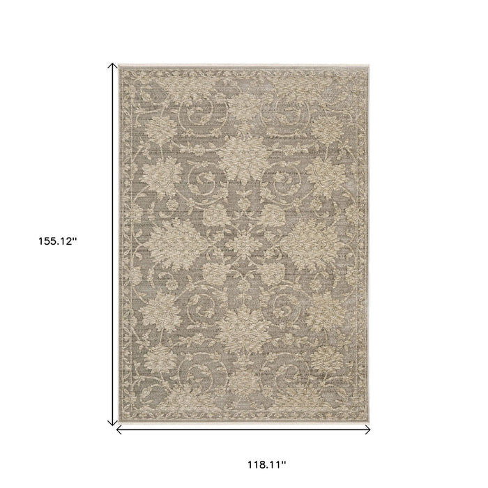 10' X 13' Floral Area Rug With Fringe - Gray And Beige