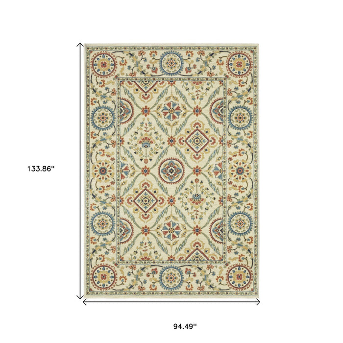 11' X 8' Oriental Area Rug With Fringe - Ivory / Orange