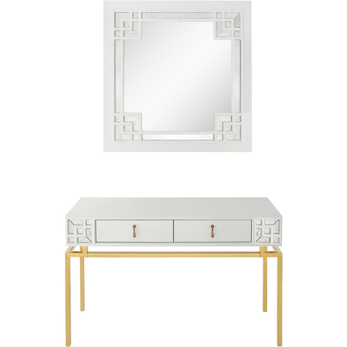 Solid Wood Mirrored Console Table And Drawers (Set of 2) - White And Gold
