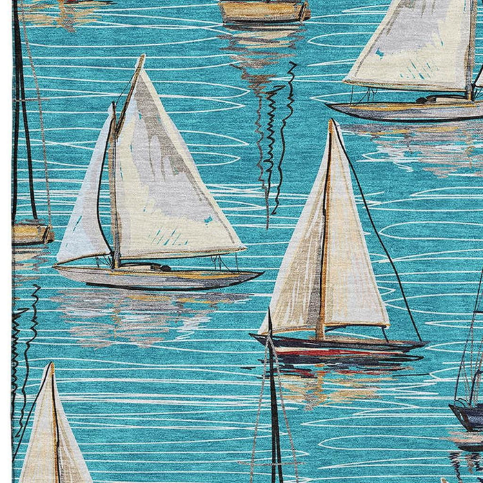 8' X 10' Nautical Washable Area Rug With UV Protection - Teal Blue