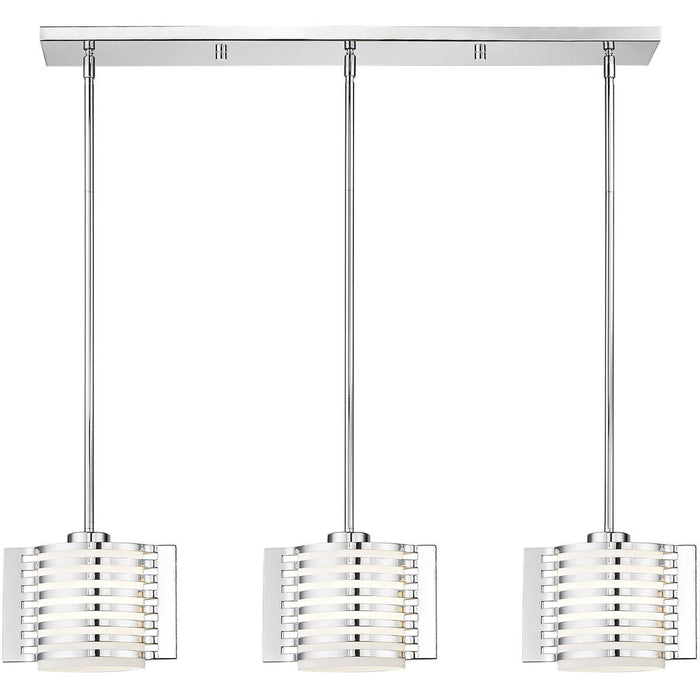 Three Light Metal Dimmable Chandelier With Shades - Silver / Opal