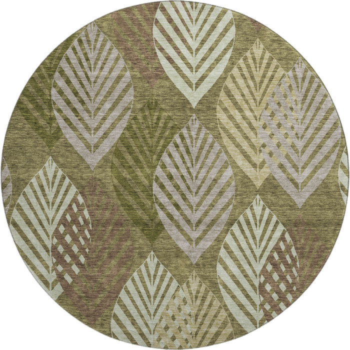 8' Floral Washable Round Rug With UV Protection - Olive Green