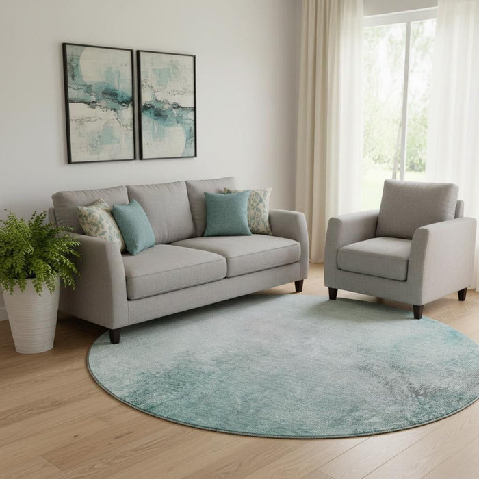 8' Abstract Washable Round Rug With UV Protection (650911) - Teal / Ivory