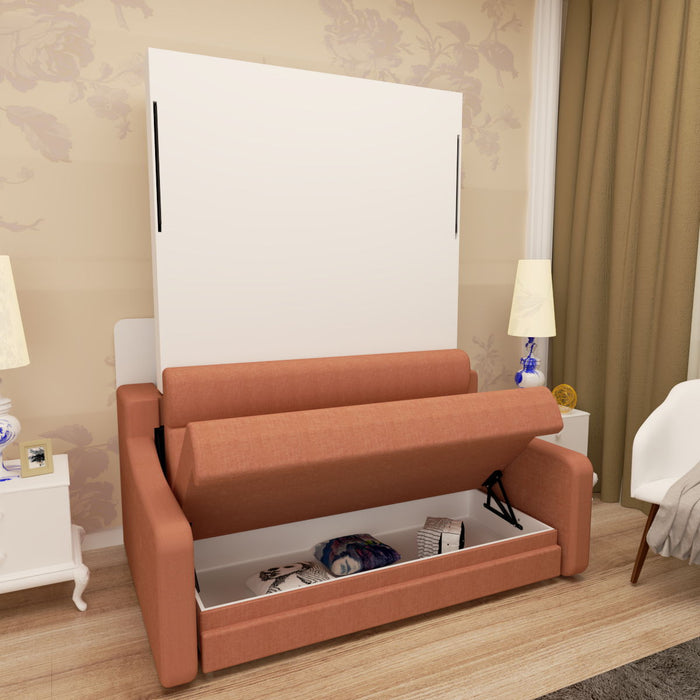 Giga modern vertical Murphy bed with sofa in white, featuring space-saving design and hidden bed with gas struts for bedroom or guestroom.
