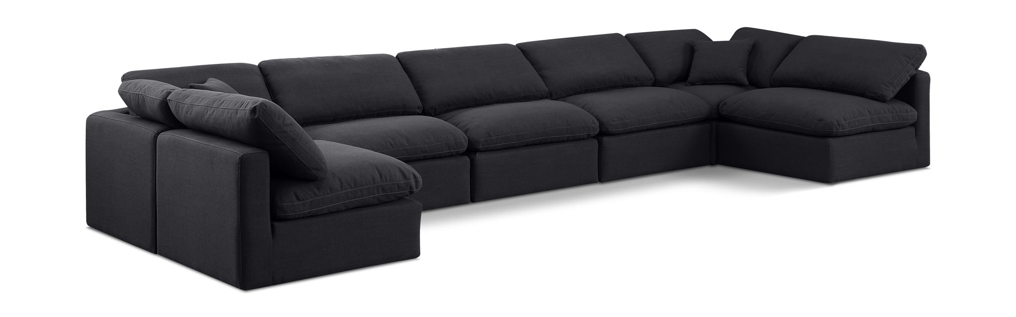 Meridian Furniture Indulge linen 7-piece modular U-shaped sectional sofa with plush cushions in a modern stationary design.