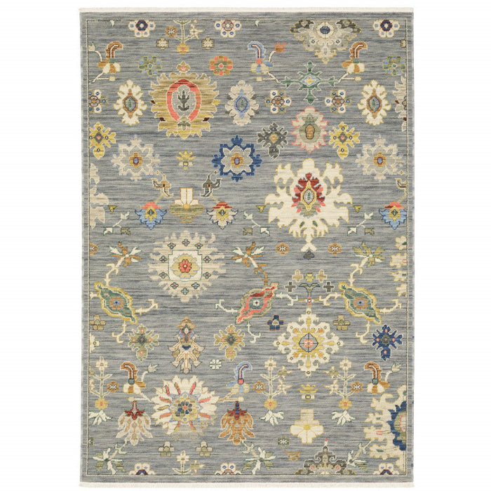 6' x 9' Oriental Power Loom Stain Resistant Area Rug With Fringe - Gray Ivory Gold Salmon Red Blue And Green
