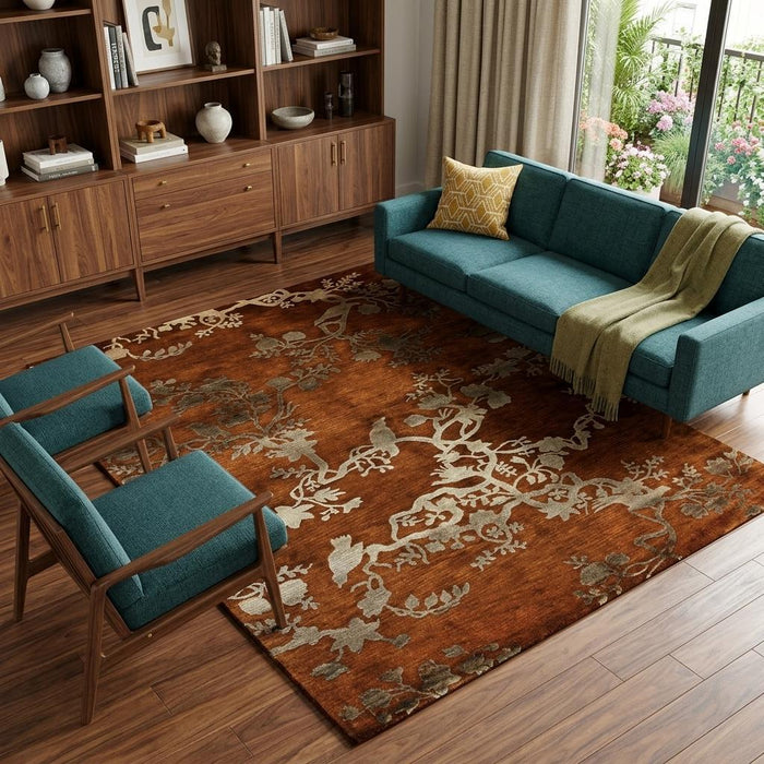 9' X 12' Wool Floral Hand Knotted Area Rug (744368) - Brown / Orange / Silver